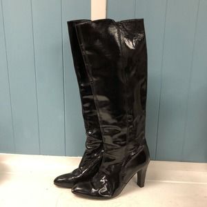 Salvatore Ferragamo Women‎ Sz 7.5 Black Patent Leather Tall Knee High Heel Boot